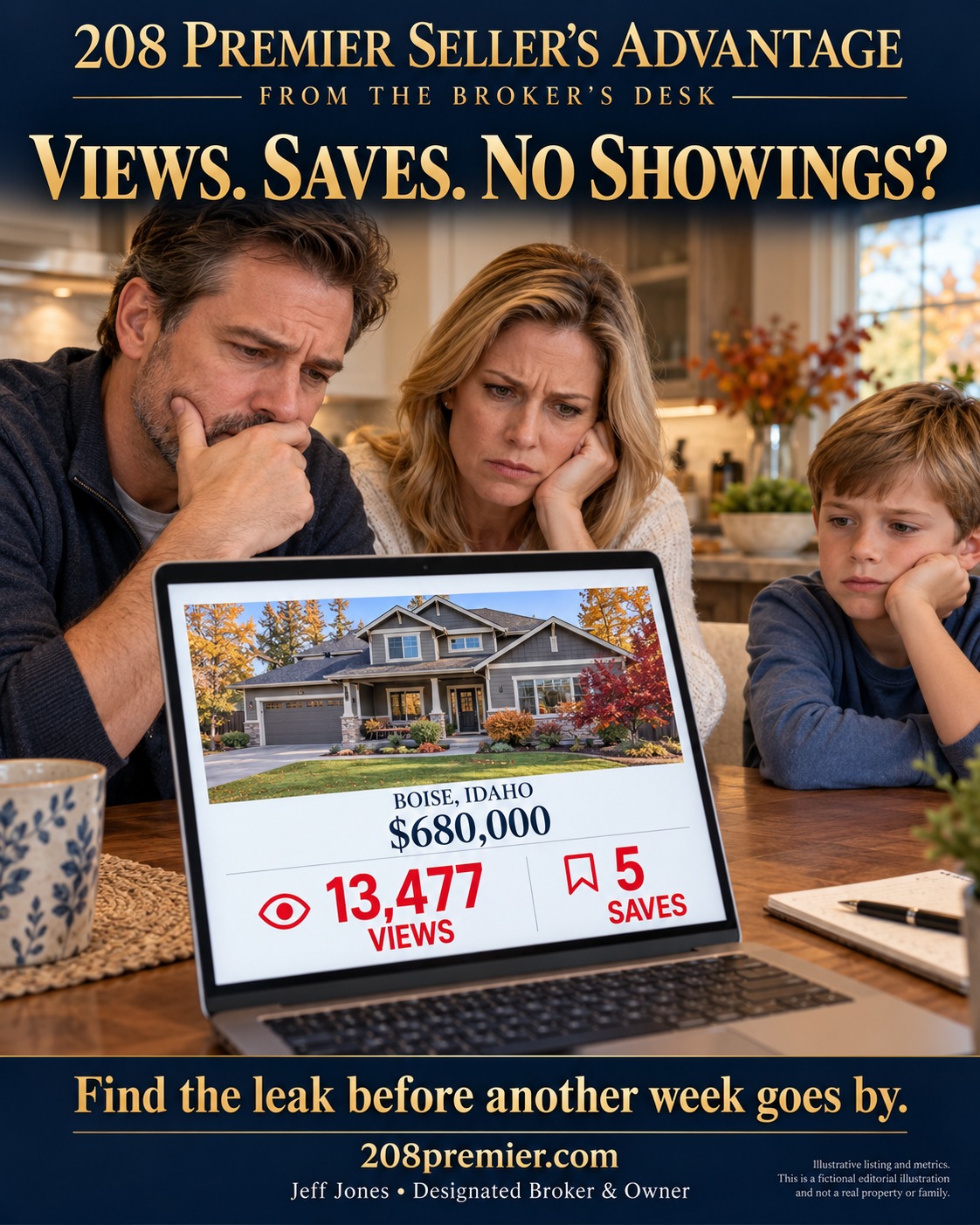 Illustrative family reviewing listing views and saves